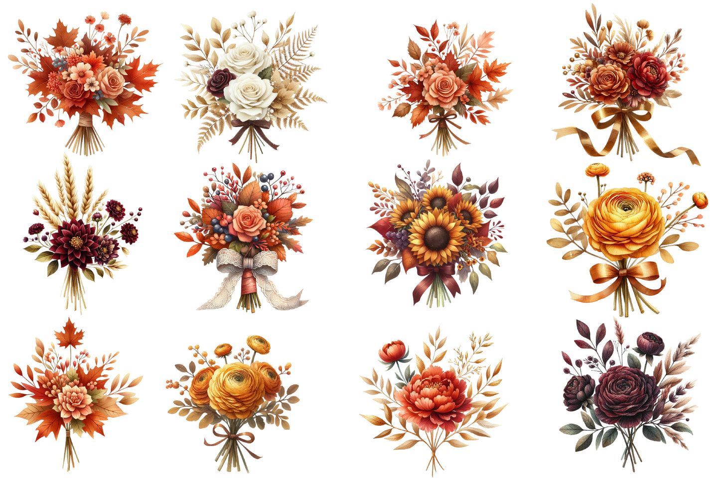 Watercolor Autumn Wedding Flowers Clipart Bundle Fall Floral PNG