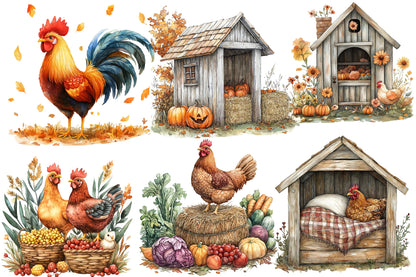Watercolor Fall Chicken Clipart Bundle Farmhouse Autumn PNG