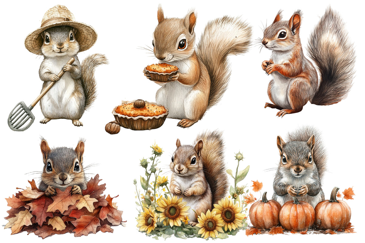 Watercolor Autumn Fall Squirrels Clipart Bundle Cute Woodland PNG