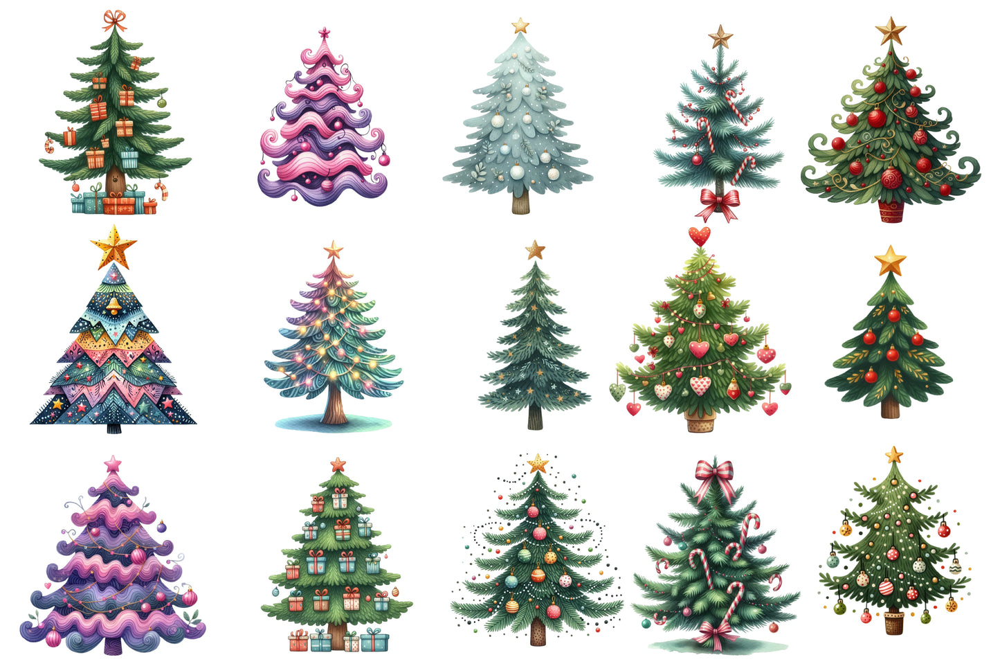 Cute Doodle Christmas Tree Watercolor Clipart PNG Bundle | Christmas Tree Clipart | Festive Holiday Sublimation PNG