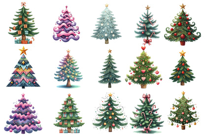 Cute Doodle Christmas Tree Watercolor Clipart PNG Bundle | Christmas Tree Clipart | Festive Holiday Sublimation PNG