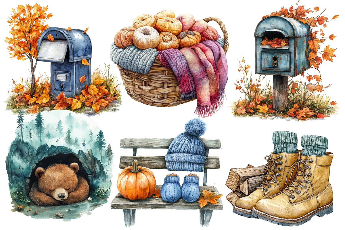 Watercolor Autumn Chilly Morning Clipart Bundle Cozy Fall PNG