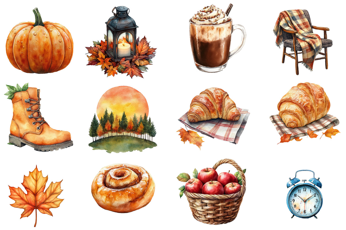 Watercolor Morning & Fall Clipart Bundle 37 PNG