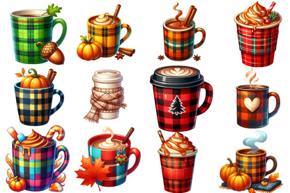 Watercolor Autumn Plaid Coffee Cup Clipart Bundle Cozy Fall PNG