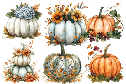 Autumn Pumpkin Floral PNG Bundle | Watercolor Pumpkin Clipart, Fall Pumpkin PNG
