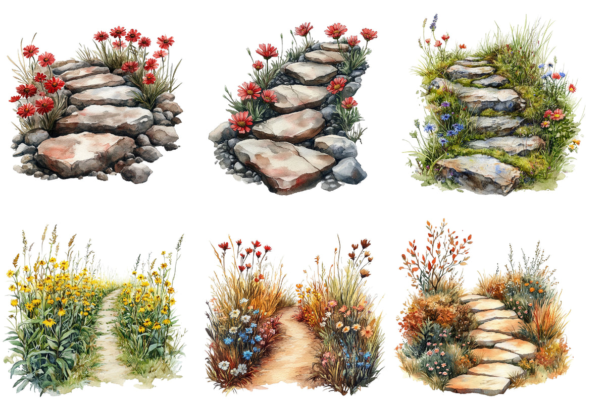 Watercolor Fall Wildflower Pathway Clipart Bundle 27 PNG