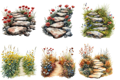 Watercolor Fall Wildflower Pathway Clipart Bundle 27 PNG