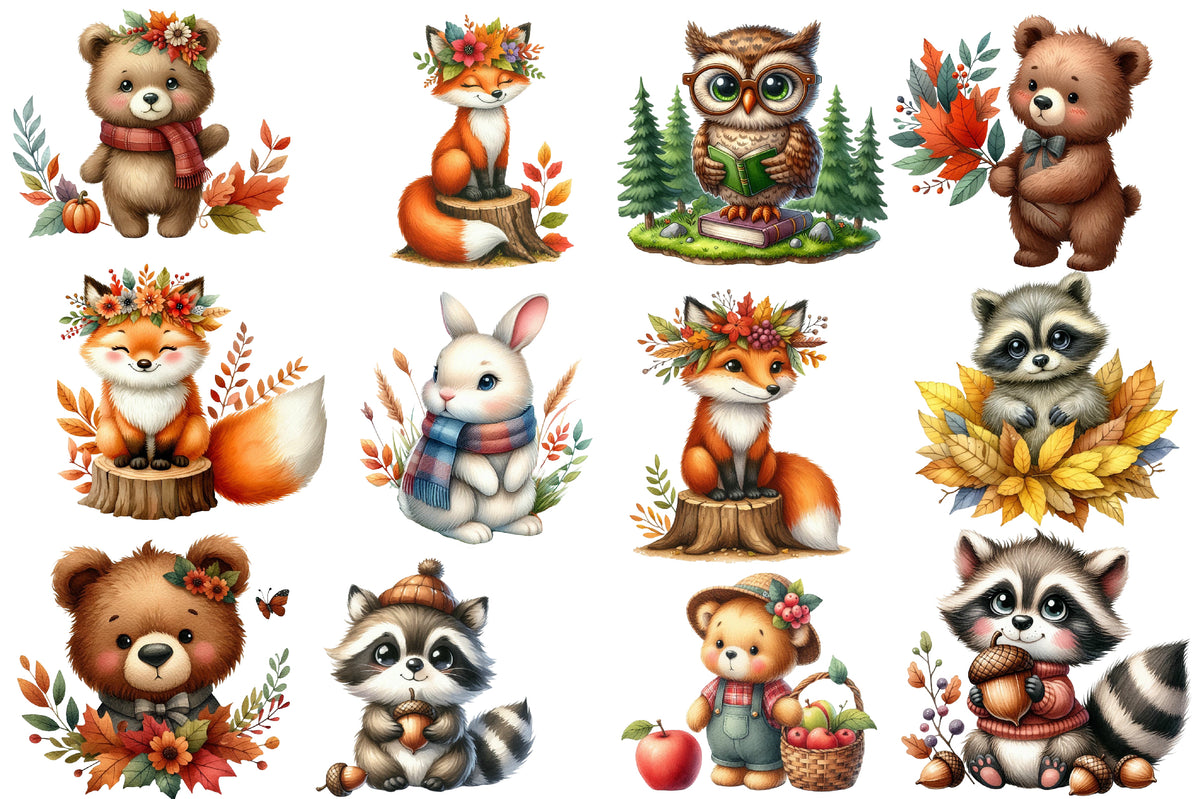 Watercolor Autumn Forest Animals Clipart Bundle Cute Fall Woodland PNG