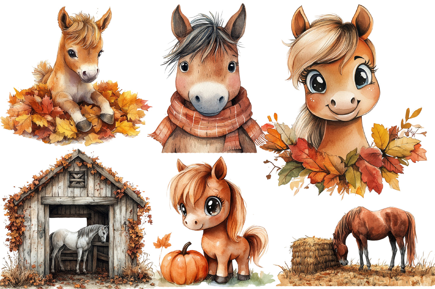 Autumn Brown Horse Clipart PNG Bundle | Watercolor Fall Horse Clipart | Rustic Woodland Horse PNG