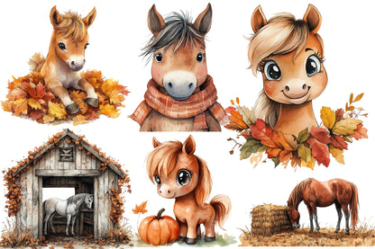 Autumn Brown Horse Clipart PNG Bundle | Watercolor Fall Horse Clipart | Rustic Woodland Horse PNG