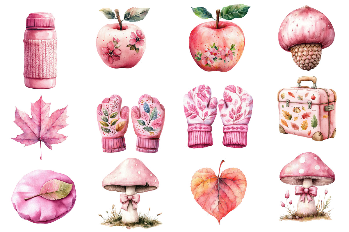 Watercolor Pink Coquette Autumn Clipart Bundle 42 PNG