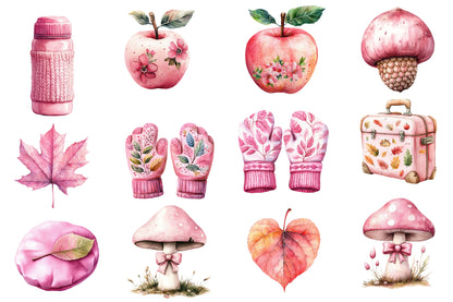 Watercolor Pink Coquette Autumn Clipart Bundle 42 PNG
