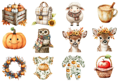 Watercolor Nursery Autumn Farmhouse Clipart Bundle 32 PNG