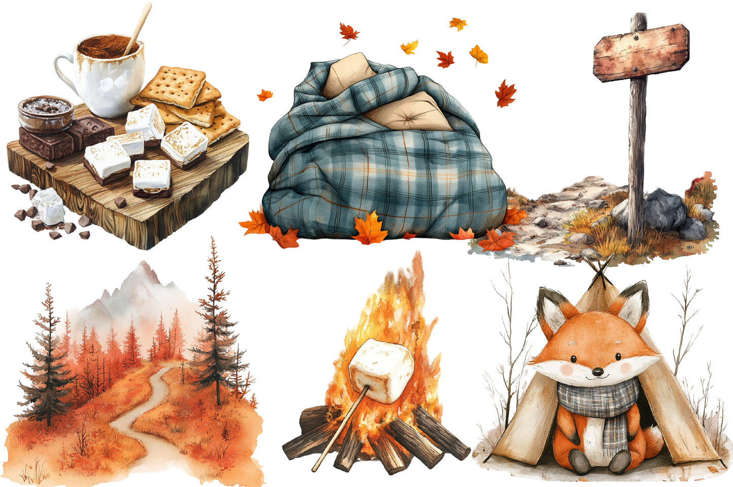 Autumn Camping Trip Clipart PNG Bundle | Watercolor Cozy Fall Camping Clipart | Rustic Campfire Adventure PNG