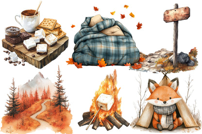 Autumn Camping Trip Clipart PNG Bundle | Watercolor Cozy Fall Camping Clipart | Rustic Campfire Adventure PNG