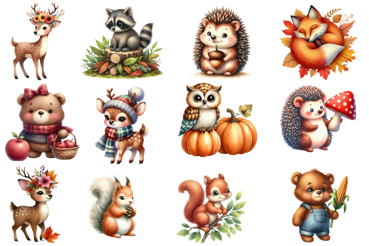 Watercolor Autumn Cute Animals Clipart Bundle Fall Woodland PNG