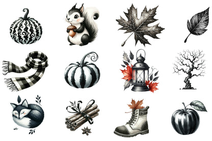 Watercolor Black and White Autumn Clipart Bundle Fall Monochrome PNG