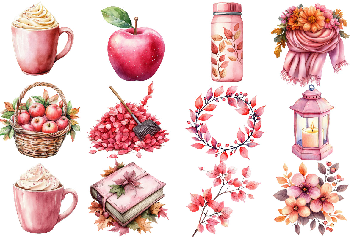 Watercolor Pink Fall Autumn Clipart Bundle 39 PNG