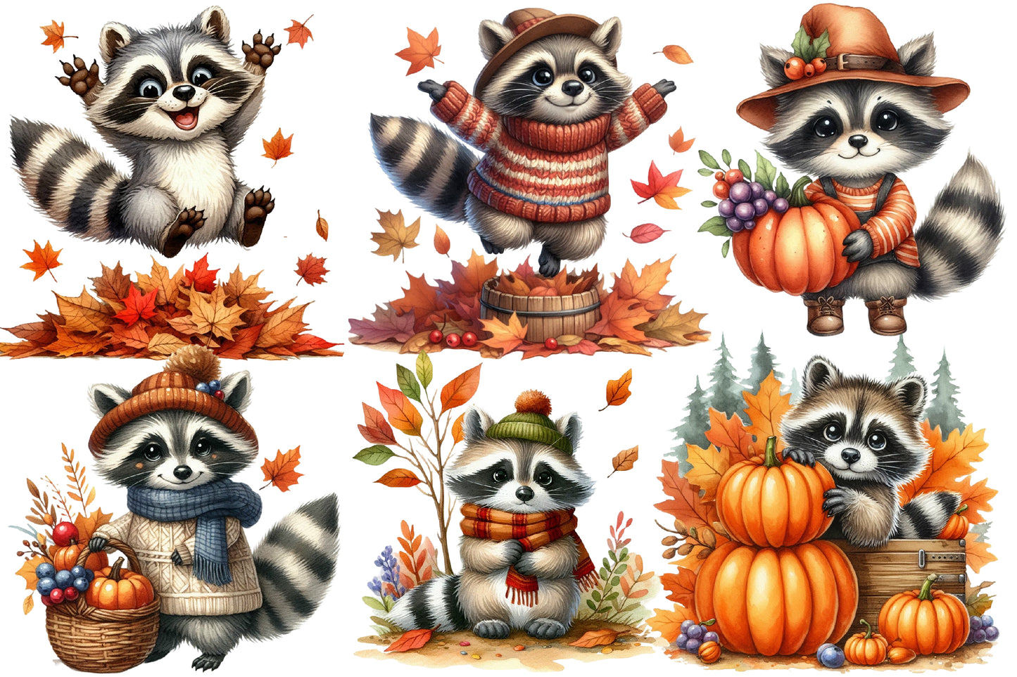 Watercolor Autumn Raccoon Clipart Bundle Cute Fall Raccoon PNG