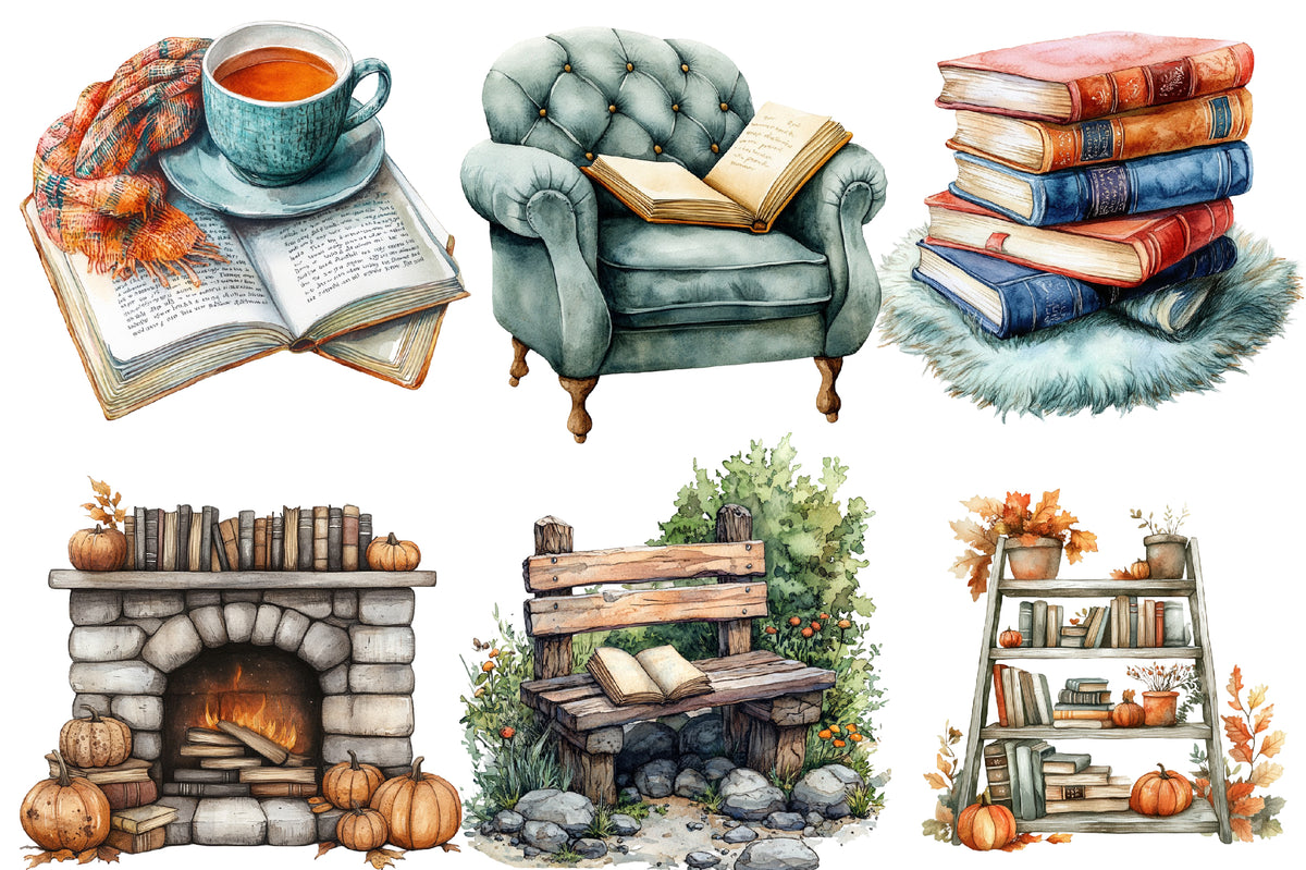 Watercolor Fall Reading Nook Clipart Bundle 23 PNG