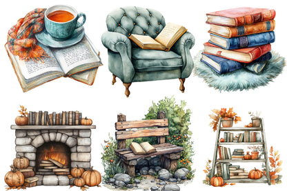 Watercolor Fall Reading Nook Clipart Bundle 23 PNG