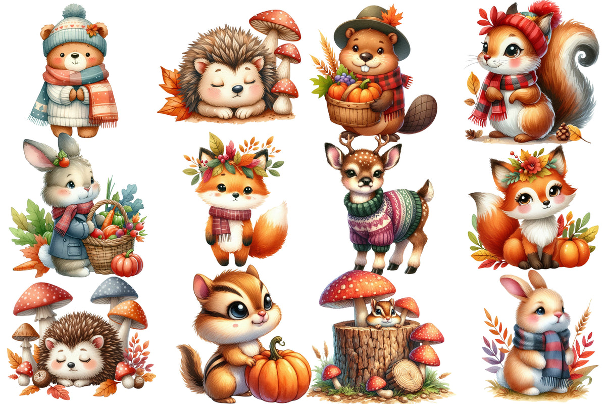 Watercolor Autumn Forest Animals Clipart Bundle Cute Fall Woodland PNG