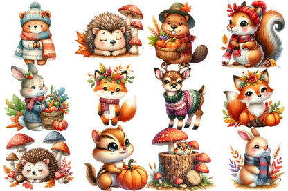 Watercolor Autumn Forest Animals Clipart Bundle Cute Fall Woodland PNG