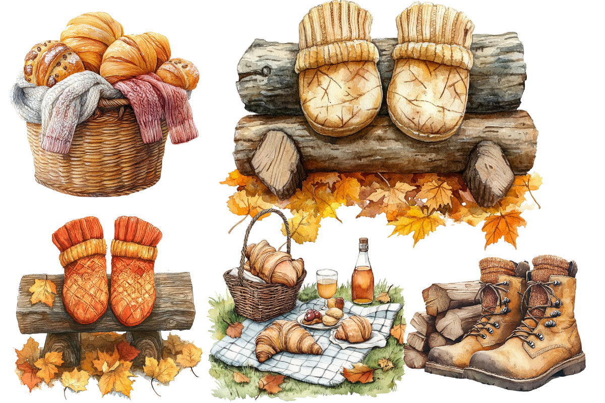 Watercolor Autumn Chilly Morning Clipart Bundle Cozy Fall PNG