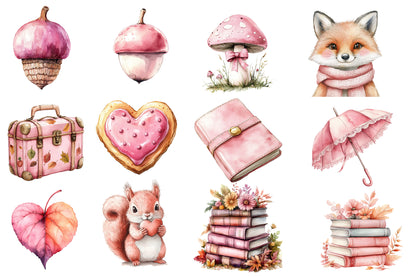 Watercolor Pink Coquette Autumn Clipart Bundle 42 PNG