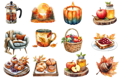 Watercolor Morning & Fall Clipart Bundle 37 PNG