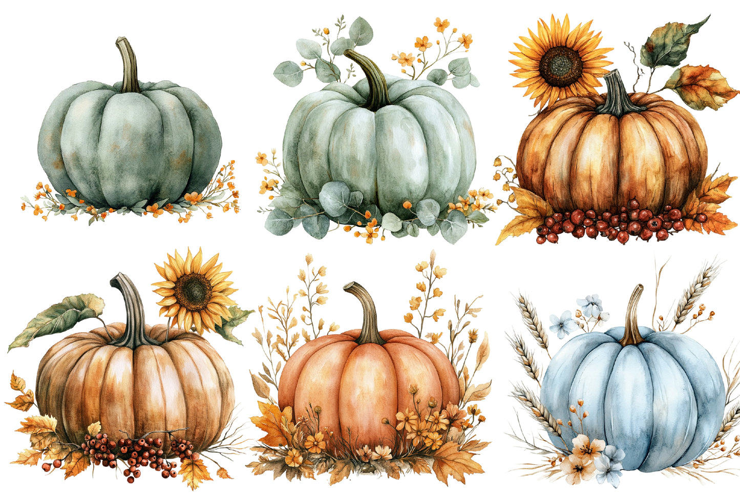 Autumn Pumpkin Floral PNG Bundle | Watercolor Pumpkin Clipart, Fall Pumpkin PNG