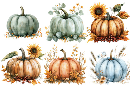 Autumn Pumpkin Floral PNG Bundle | Watercolor Pumpkin Clipart, Fall Pumpkin PNG