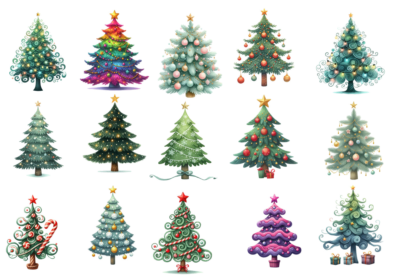 Cute Doodle Christmas Tree Watercolor Clipart PNG Bundle | Christmas Tree Clipart | Festive Holiday Sublimation PNG