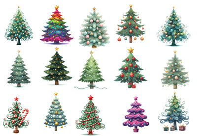 Cute Doodle Christmas Tree Watercolor Clipart PNG Bundle | Christmas Tree Clipart | Festive Holiday Sublimation PNG