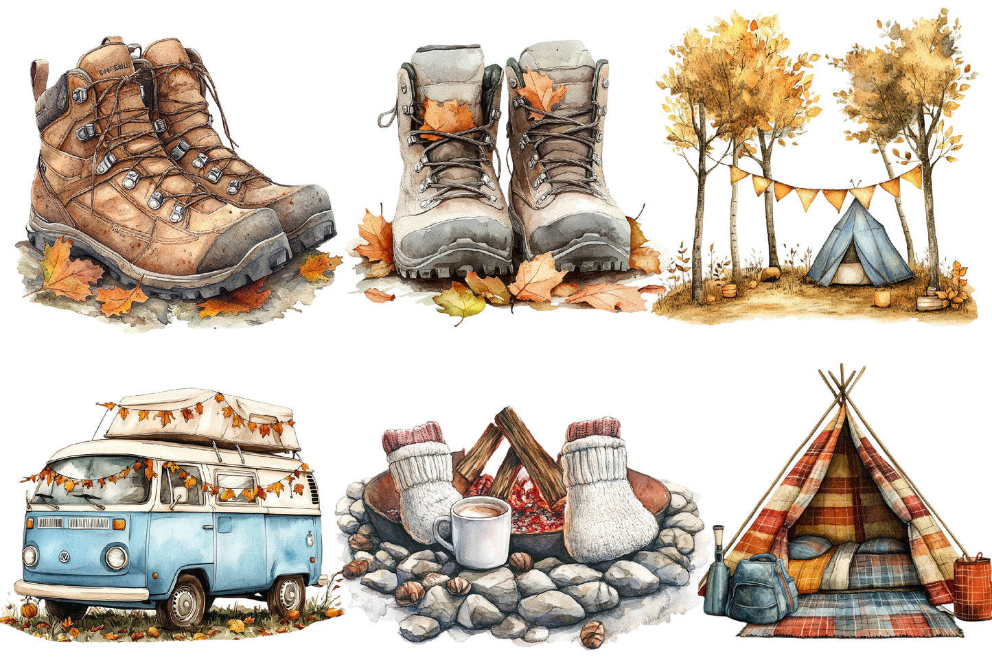 Autumn Camping Trip Clipart PNG Bundle | Watercolor Cozy Fall Camping Clipart | Rustic Campfire Adventure PNG