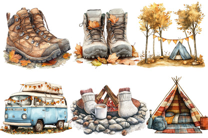 Autumn Camping Trip Clipart PNG Bundle | Watercolor Cozy Fall Camping Clipart | Rustic Campfire Adventure PNG
