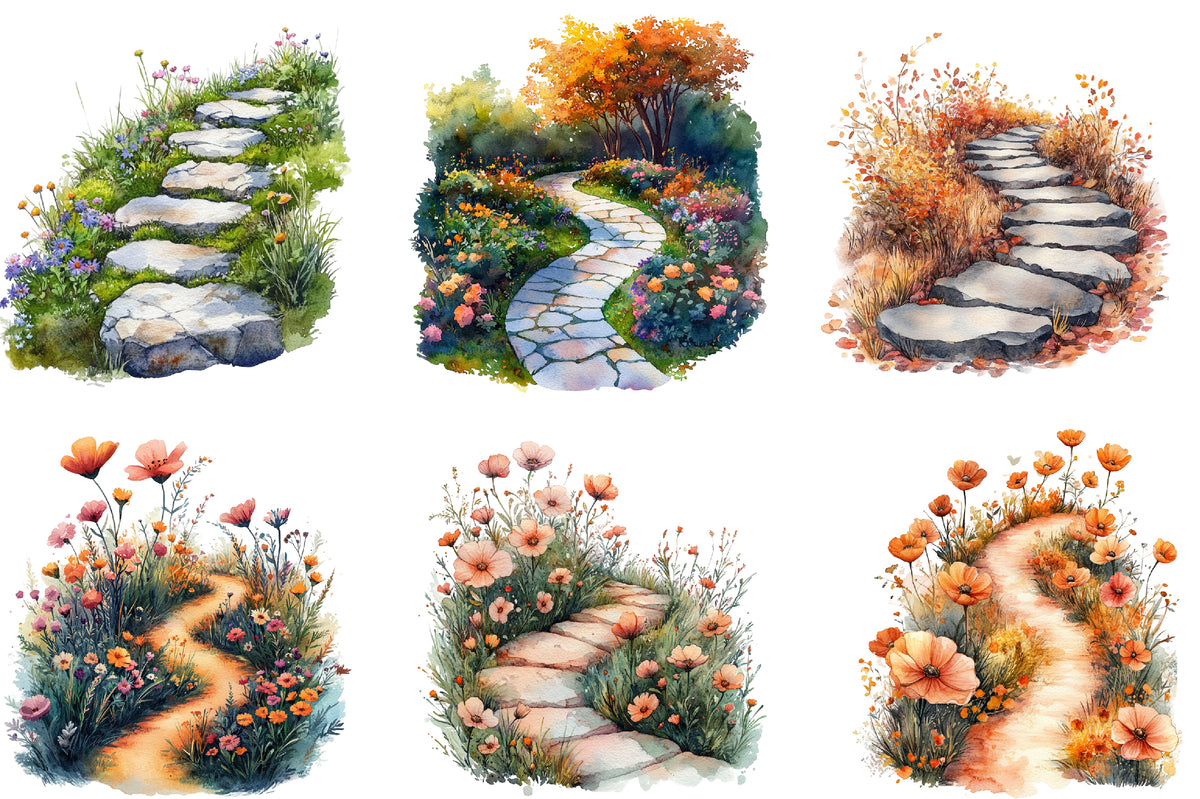 Watercolor Fall Wildflower Pathway Clipart Bundle 27 PNG