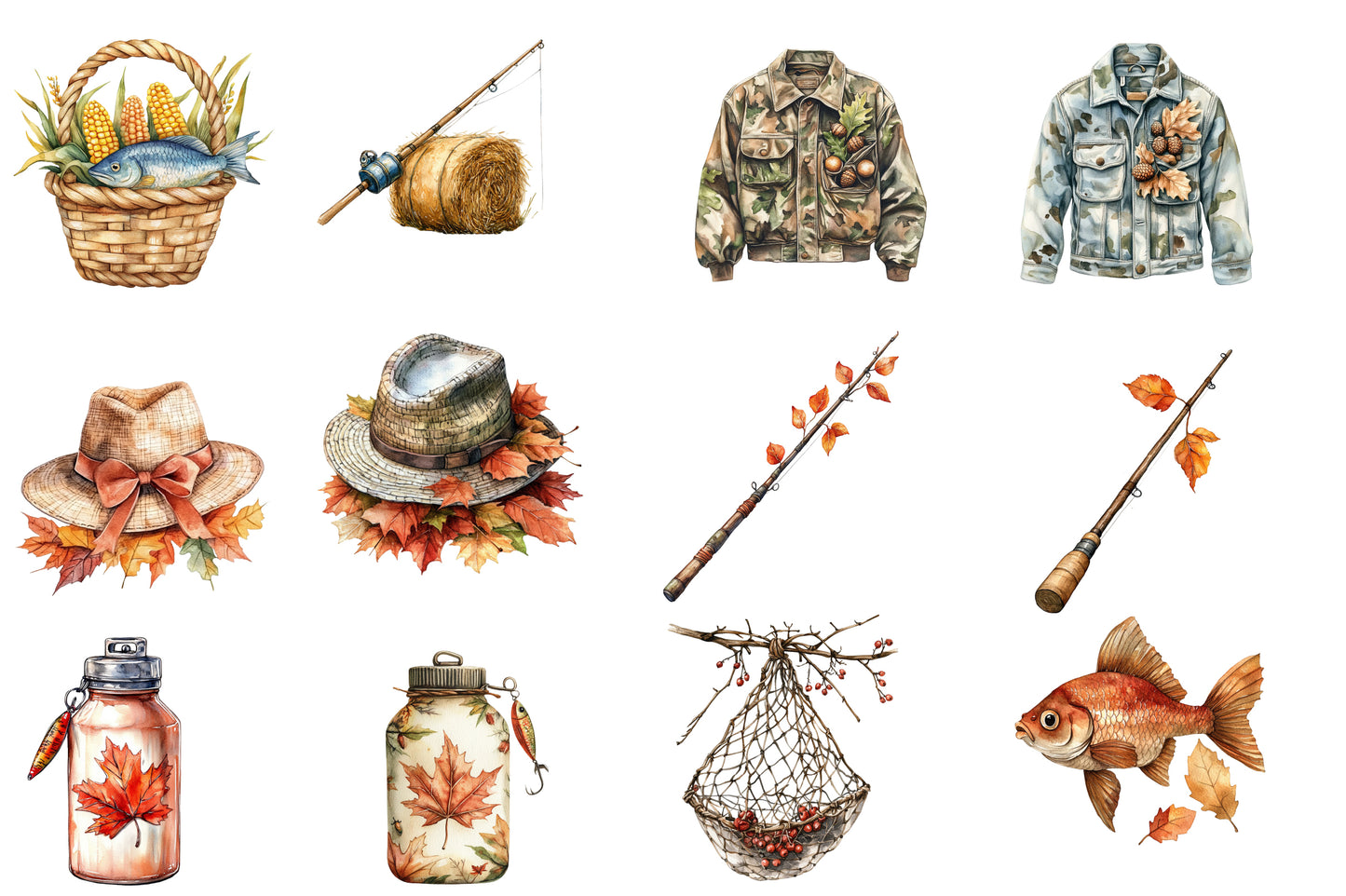 Watercolor Fall Fishing Clipart Bundle 37 PNG