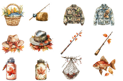 Watercolor Fall Fishing Clipart Bundle 37 PNG
