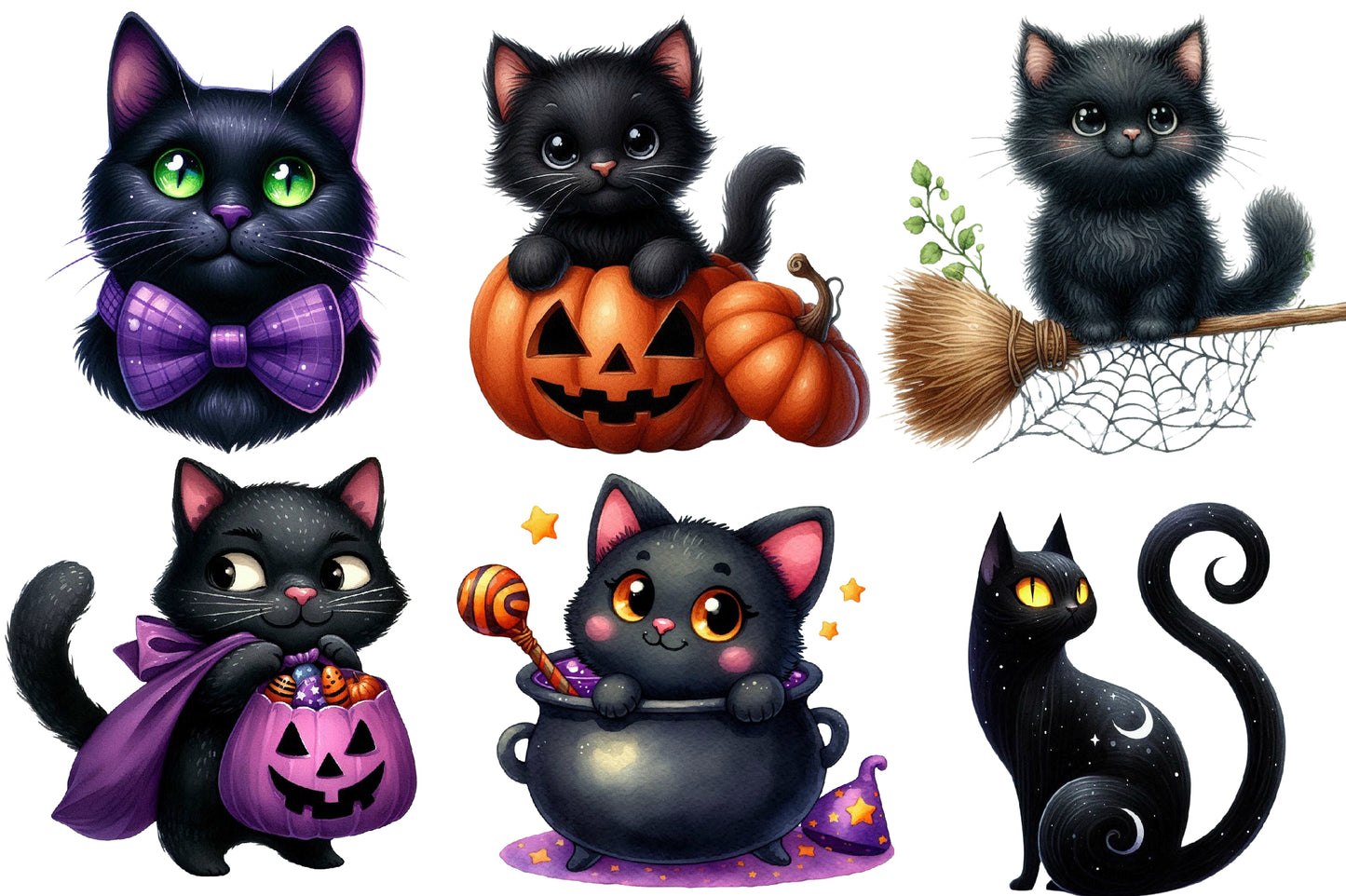 Watercolor Halloween Black Cats Clipart PNG Bundle | Cute Witch Cat PNG, Spooky Black Cat Clipart