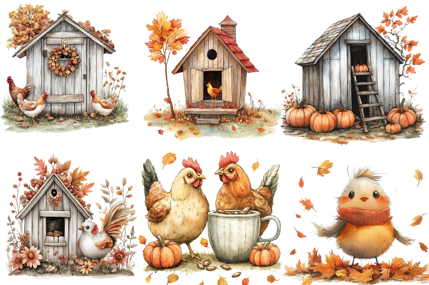 Watercolor Fall Chicken Clipart Bundle Farmhouse Autumn PNG