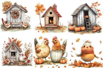 Watercolor Fall Chicken Clipart Bundle Farmhouse Autumn PNG