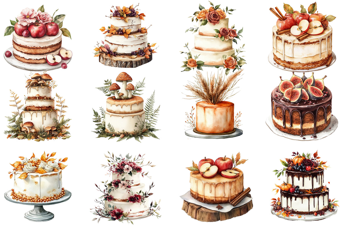 Watercolor Autumn Wedding Cake Clipart Bundle Fall Wedding Cake PNG
