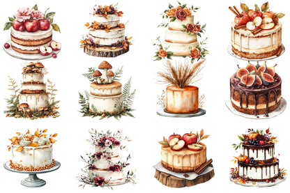 Watercolor Autumn Wedding Cake Clipart Bundle Fall Wedding Cake PNG