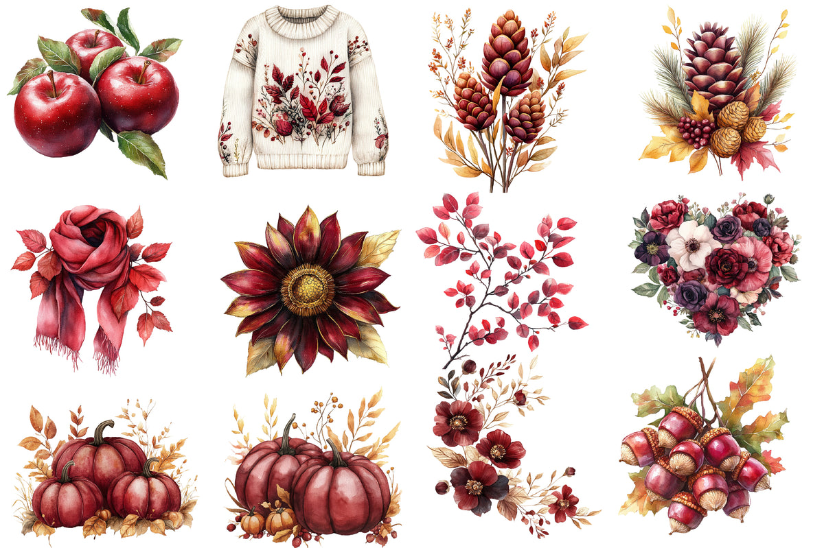 Watercolor Burgundy Autumn Clipart Bundle Fall Harvest PNG Collection