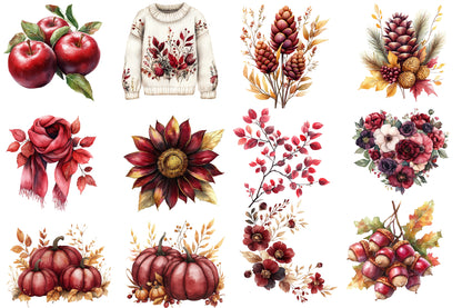 Watercolor Burgundy Autumn Clipart Bundle Fall Harvest PNG Collection