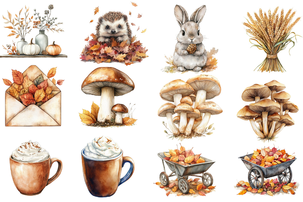 Watercolor Neutral Autumn Clipart Bundle Cozy Fall Woodland PNG