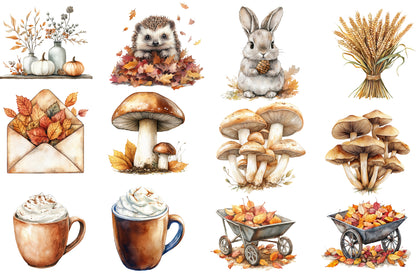 Watercolor Neutral Autumn Clipart Bundle Cozy Fall Woodland PNG
