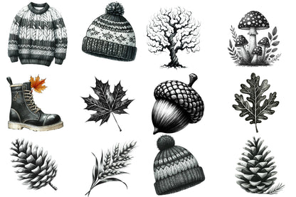 Watercolor Black and White Autumn Clipart Bundle Fall Monochrome PNG