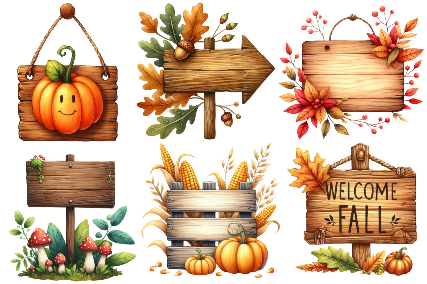 Watercolor Autumn Wooden Signs Clipart Bundle Fall Wood Sign PNG